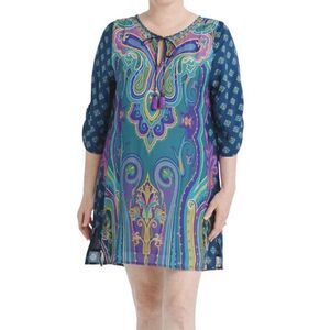 Tolani blue Electric Paisley Shift Dress with tassle‎ half-sleeve, 1X